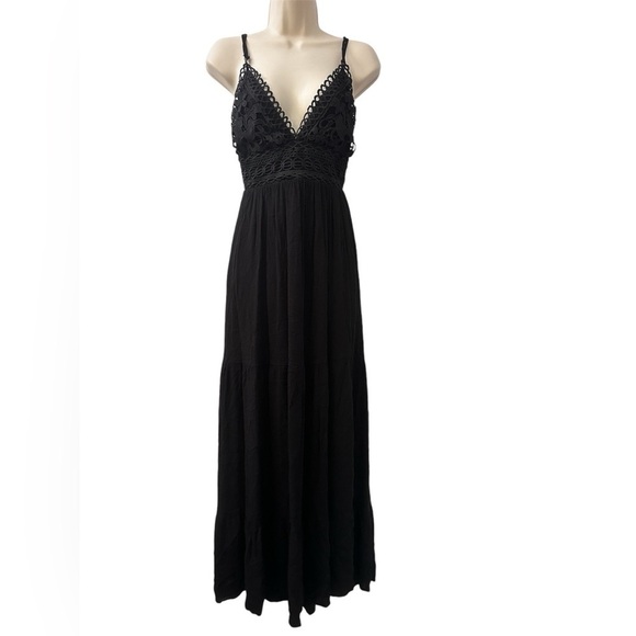 Revamped Dresses & Skirts - Revamped Black Cutout Maxi Dress Crochet Lace Adjustable Straps 100% Rayon M